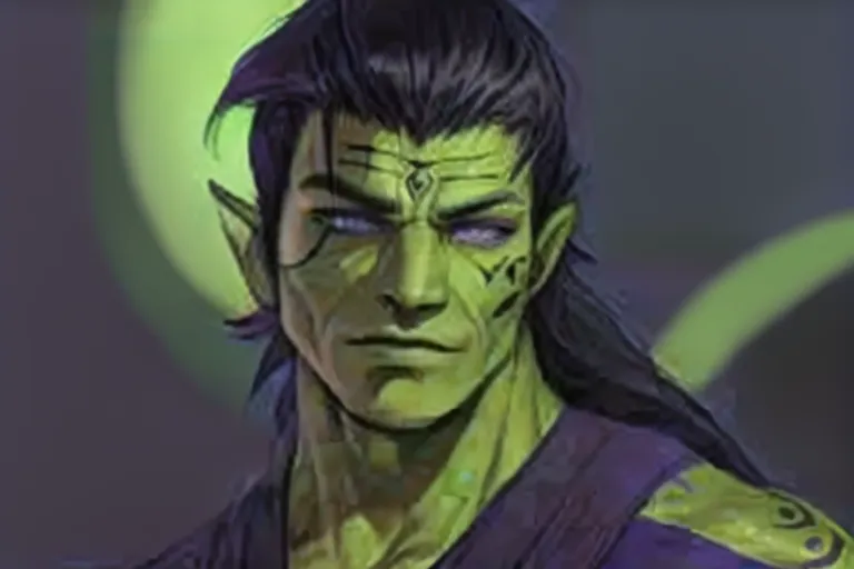 Mirialan, Muscular male, (((green skin))), black tribal tattoos, long black hair, purple eyes, cheerful, gray shirt, gray pants, futuristic clothing, alien, sfw, headshot, masterpiece, absurdres, ((((solo focus)))), 8k, perfect edges, ultra realistic, perfect anatomy, low light, perfect face, fine details, realistic shaded, realistic body, photoshoot, male