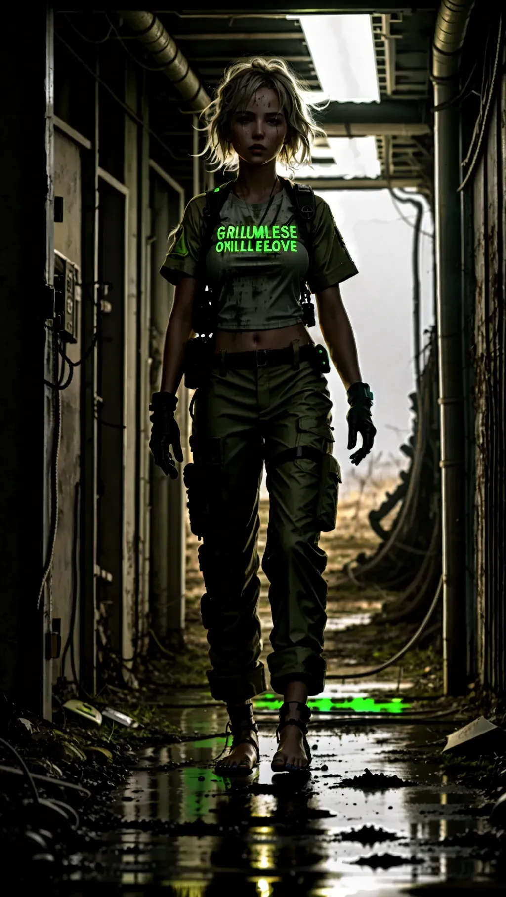 zoomed out, ultrarealistic image, adult barefoot white-skinned female journalist girl with grimy feet and wild unkempt hair wearing a tactical shirt and long tactical pants and wearing gloves and wearing toe rings while wandering a nuclear fallout wilderness during a nuclear reactor meltdown with glowing radioactive sludge everywhere, barefoot, barefoot, barefoot, toxic sludge ground, sludge covered feet, luminescent sludge, glowing radioactive toxic sludge, glowing puddles of sludge, glowing radioactive sludge, ripped clothing,