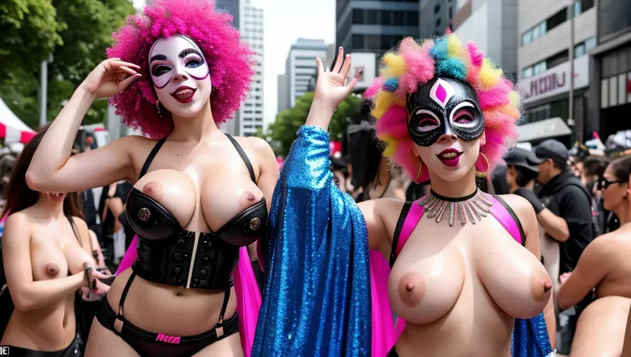 an 8k resolution ultra wide realistic professional act photo using nikon 36 megapixel d800e camera of Ana da Armas, Appearance:short curly neon pink afro hair,highlt detailed face, highly detailed teeth,carnival mask ,massive natural breasts,unzziped crop top revealing her nipples,black stockings, no panties, Surrounding: higly detailed rave festival, naked people in lewd masks dance around