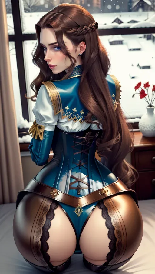 1 guy, Russian girl, very skinny, brown hair, long hair, wavy hair, looking back, looking at camera, blue eyes, big ass, corset, focus on ass, detailed face, detailed lips, in bedroom, bedroom setting, window, nighttime, snowing outside, <lora:dpmg_pov_doggy:1>