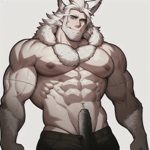 Sexy white hair man, large cock, big muscles, wolf ears, hairy, human face, well detailed, accurate proportions
