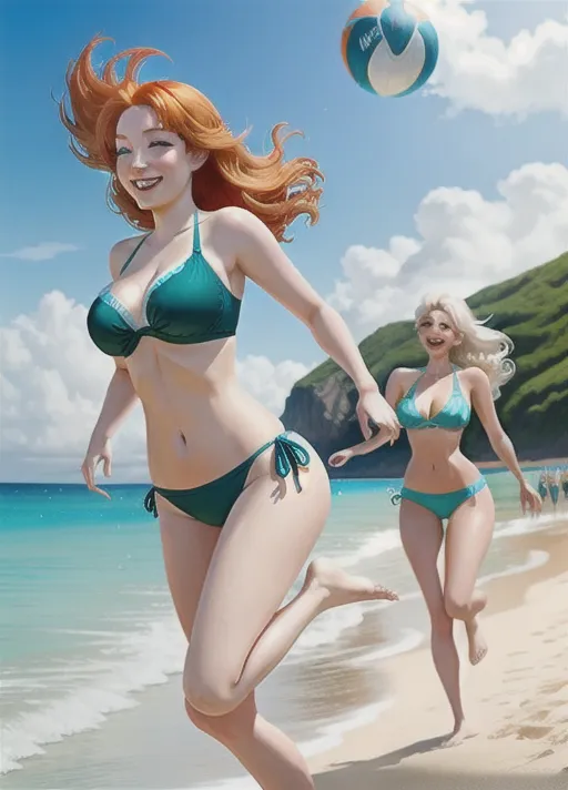 beautiful Adult auburn haired Anna in green and platinum haired Elsa in blue of Arendelle in swimsuits bouncing a beach ball back and forth on the golden sandy beach smiling in the warm sunshine as their long hair billows in the breeze.