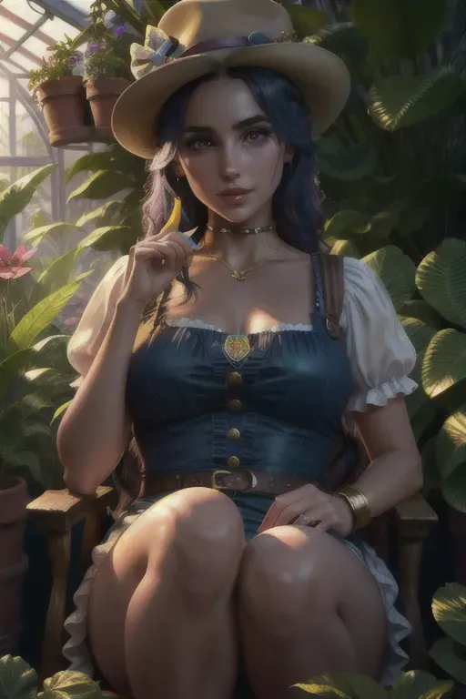 a photo shot of,a argentina girl,wearing willy wonka,kneeing,in a lush greenhouse,five slender fingers,gorgeous face,beautiful lips,blue eyes,curved eyebrows,smooth skin,joyful,wearing golden ring,ultra realistic,studio lighting,unreal engine,cinematic lighting,pixiv