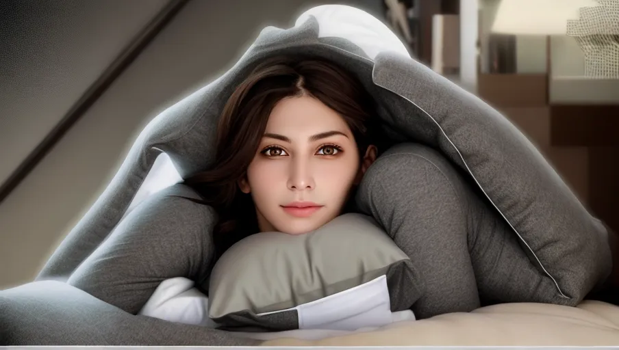 Facing camera, hugging a pillow, same position as inspiration photo, eyes open, looking at camera, pillow against chest, both arms around pillow
