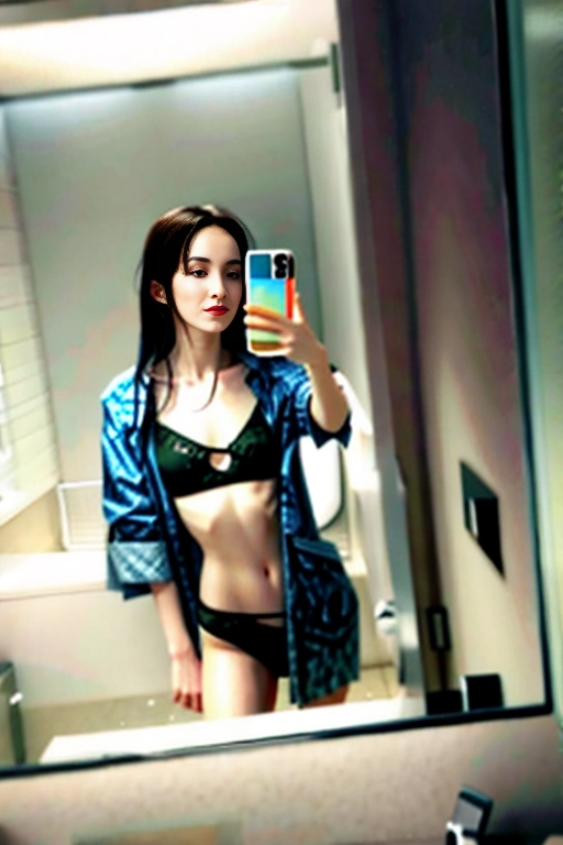 1girl, solo girl, ((nude)), wet, after shower, slim body, fit, pale skin, flat chest, small tits, long dark hair, short, cute, shy, selfie,