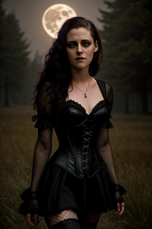 Night time gothic portrait of, Kristen stewart, full body in photo, standing in front of dark castle, wearing a tight corset, with a black tight shirt, short skirt, and fishnet stockings, combat boots, ashen pale skin, heavy makeup, depth of field, bokeh, photorealistic, film noir, clear skin, pores, matte skin, soft lighting, subsurface scattering, heavy shadow, masterpiece, best quality, 8k, golden ratio, Intricate, film photography, full sharp, cinematic lighting, studio lighting, backlit by moonlight