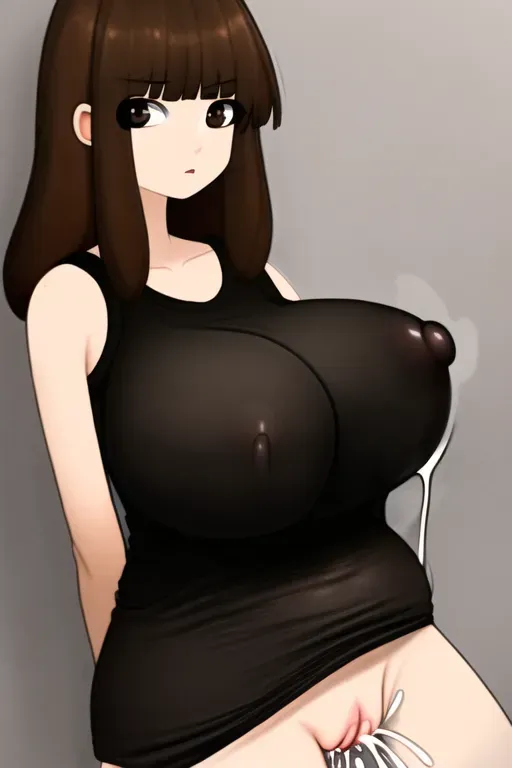 young, brown eyes, brown hair, huge breasts, black shirt, bottomless, cum in pussy, cum inflation