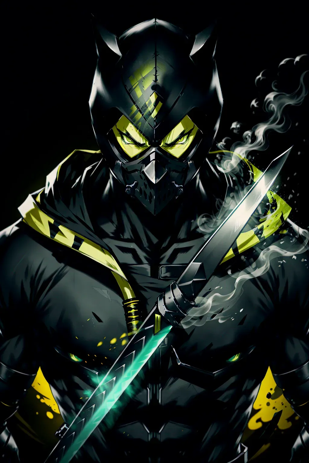 Ninja, full face mask, black, yellow glowing accents, with a sword, male, 8k wallpaper, best quality, ultra hd, global lighting, hi-resolution, high quality, highly detailed, in a dark forest
