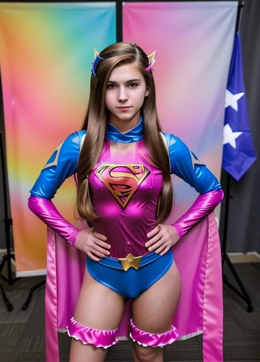 A heavily feminine-featured teenage boy with long, styled hair, dressed in detailed female cosplay, striking a confident pose. He wears a vibrant, super-heroine inspired costume showing his bulge Natural makeup accentuates his delicate features. The background is a convention setting filled with colorful banners and