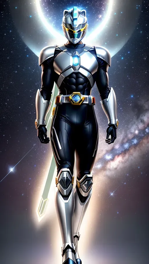 Silver power ranger, with starfield arms, and a length of claws on his right arm. silver spandex, no cape, arms covered in a field of stars, circular belt buckle, power ranger, no hair, covered face. full face helmet, super sentai art style, mighty Morphin power rangers, rounded helmet, lion shaped visor, head view only