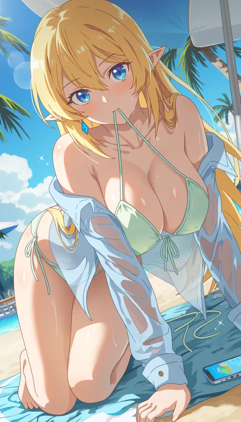 1girl,
score 7, ultra detailed, fair skin, high contrast, swimsuit, breasts, bikini, beach umbrella, outdoors, pointy ears, blue eyes, all fours, umbrella, palm tree, wet, long hair, side-tie bikini bottom, cleavage, tree, large breasts, solo, looking at viewer, cellphone, beach, day, phone, mouth hold, blonde hair, smartphone, front-tie top, sky, front-tie bikini top, beach towel, blue sky, string bikini, very long hair, shirt, see-through, towel, palm leaf, white bikini, jewelry, blush, earrings, white shirt, lens flare, untied bikini, dutch angle, long sleeves, bare shoulders, open shirt, open clothes, cloud, sand, sunlight, hair between eyes, off shoulder, closed mouth, collarbone, sparkle, wet clothes, green bikini, thighs, beach mat, wet shirt, hanging breasts,
A blonde anime-style girl with long hair is depicted in a bikini, sitting on the ground. She is wearing a light blue shirt that is unbuttoned, revealing her chest. The background features a bright, sunny outdoor setting with what appears to be a beach or pool area, including palm trees and a clear sky.
best quality, score_9, very aesthetic, sensitive, explicit