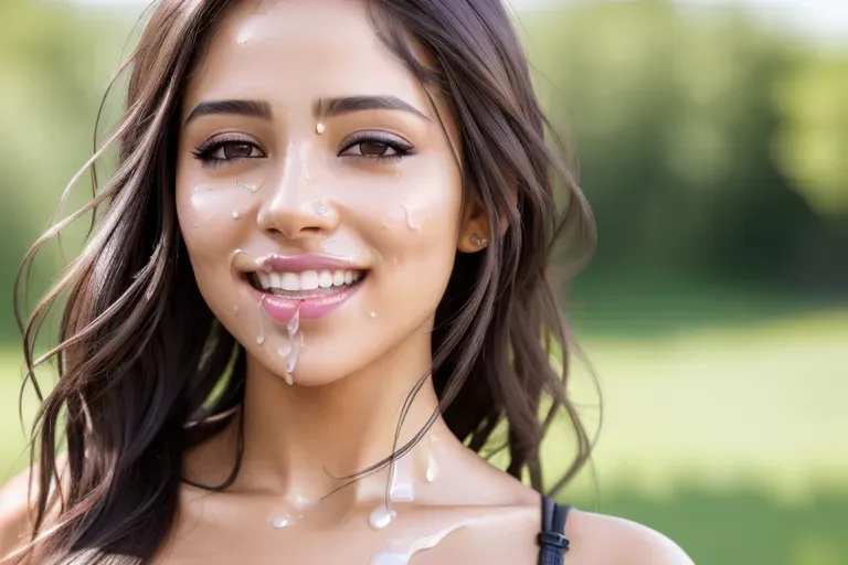 A 8k resolution photo shot of a beautiful woman, very compassionate and friendly, (pretty teeth), ((detailed hair features)),(((detailed facial features))),((detailed body features)),(detailed arms features),(extremely textured skin),((beautiful lips)),((highly detailed)), sunny day, (semen dripping from her mouth)
