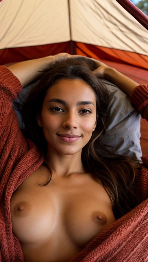 A natural female,
Mixed ethnicity,
Late twenties,
Heart-shaped face,
Hazel eyes,
Wavy brown hair,
Slim body,
B cup size,
Bohemian style,
Freelance photographer,
Loves hiking,
Lives in Portland,
Sitting cross-legged,
Holding hands,
Warm smile,
INSIDE a tent, erected nipples, (((lying flat on head))), Close up