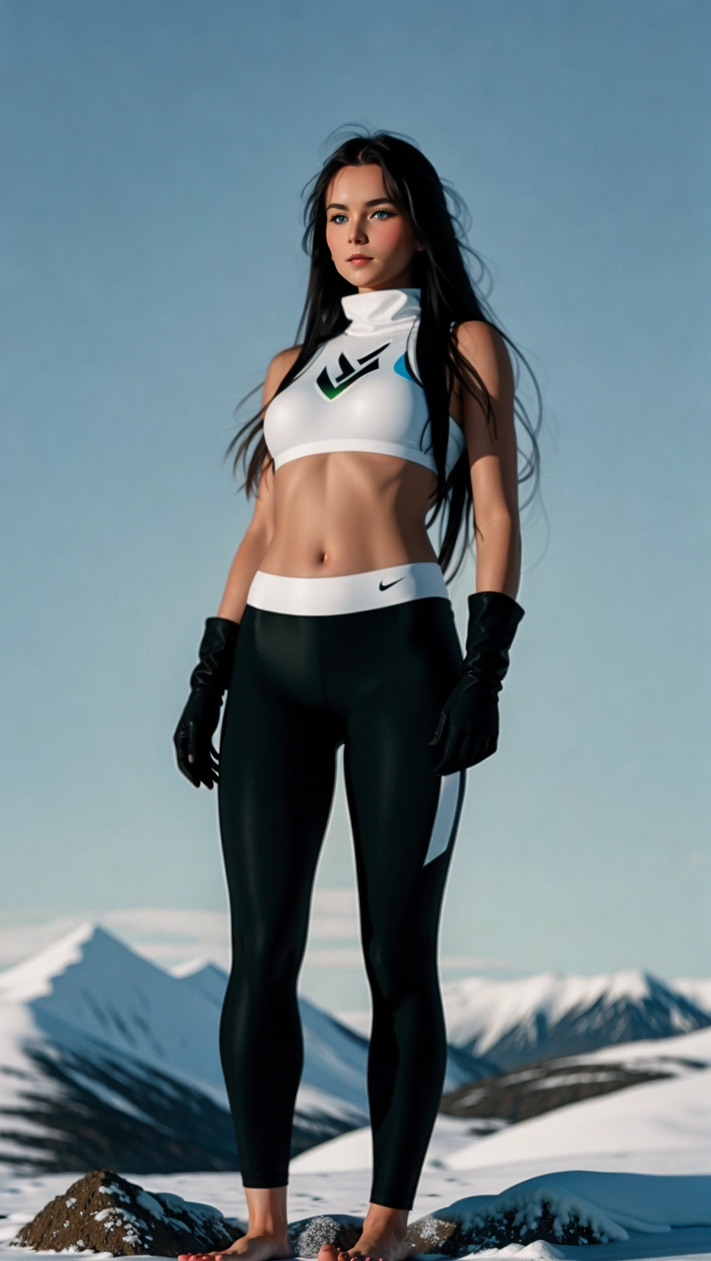 full-body image of a fit tan thin beautiful barefoot German woman with long hair wearing spandex while standing on an icy tundra, (beautiful petite feminine feet: 1.2), (barefoot: 1.3), (wearing long spandex: 1.2), (long dark hair: 1.2), (German woman: 1.3), (icy tundra: 1.3), (black toenails: 1.2), (black gloves: 1.2),