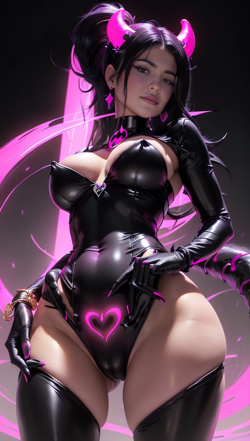 best quality, (((ultra high res))), (((detailed face and eyes))), (perfect face), (big shining heart choker), earrings, jewelry, (((big glowing succubus mark))), ((((big glowing succubus bodymark)))), (conjuring), witch, ((very long voluminous hair)), (((black gloves))), (((black hair))), (((single black ponytail))), (((golden bracelet))), (((huge golden hair cuff))), (((black skintight neckholder))), ((face closeup)), lipstick, (((((black demon tail))))), ((black long sleeves)), ((purple glowing heart)), (((big cameltoe))), (((demon mark))), heart on womb, (((((bright pink glowing skin tone))))), (((straight black hair))), ((pink glowing clothes)), ((pink luminescent)), ((((pink luminescent skin tone)))), (((pink skin))), (((Kylie Jenner))), (((from below)))