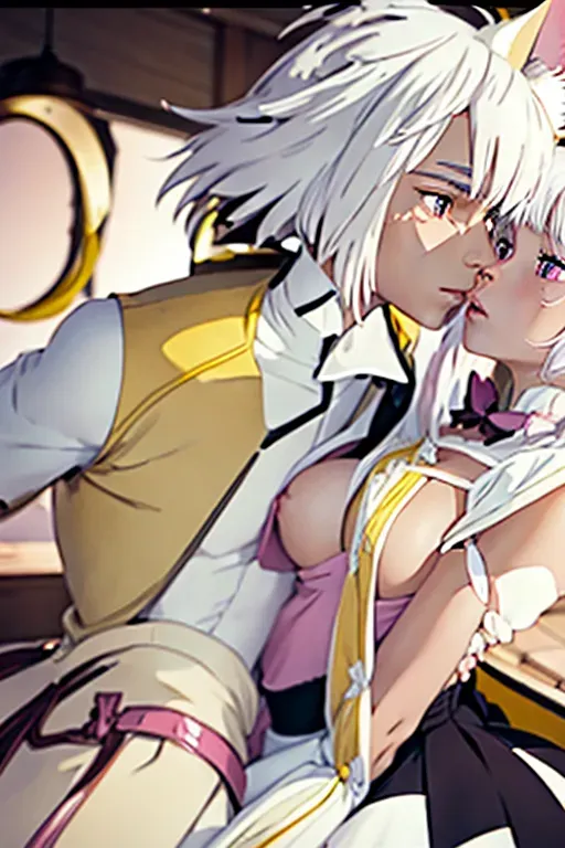 ghibli style, boy and catgirl kissing, 1 boy, 1girl, brown color hair ,spikey styled haired boy on left, wearing yellow airbender clothes with black vest, masterpiece, best quality, catgirl posh style , white color hair, white short bobcut with white cat ears, only cat type ears, pink catlike eyes, dressed in white plain clothing with pink bow, catgirl on right , looking at viewer, white hair, bow, elegent long white gloves, ((masterpiece) white hair, pink eyes, medium breasts ((masterpiece)) ((masterpiece)) <lora:dpmg_ghibli_style:0.92>