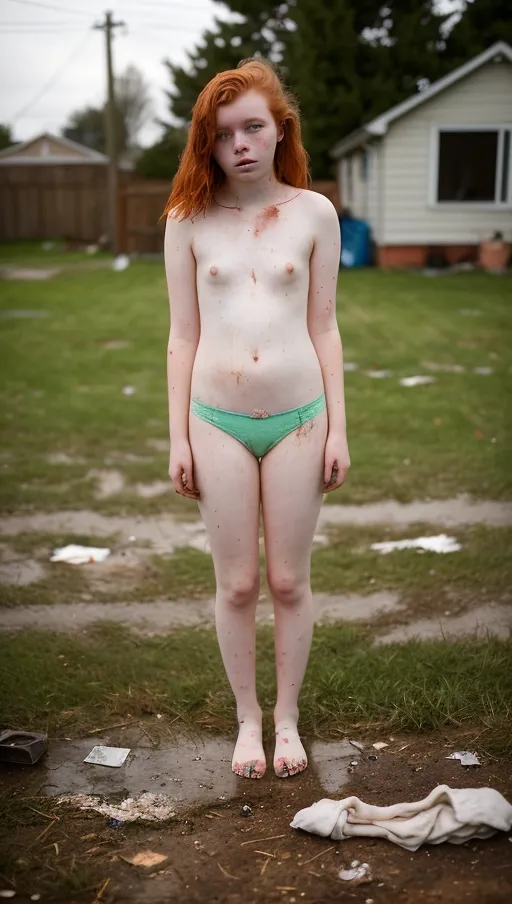18 year old , sad, lonely, in her dirty run down yard, (masterpiece), ((bokeh 1.2)), ((a real 18 year old)), in a dirty home, messy body, dirty underwear, Dirty body, her parents hate her, neglected, irish woman, redhead, (((punished))), (((being hit by daddy))),