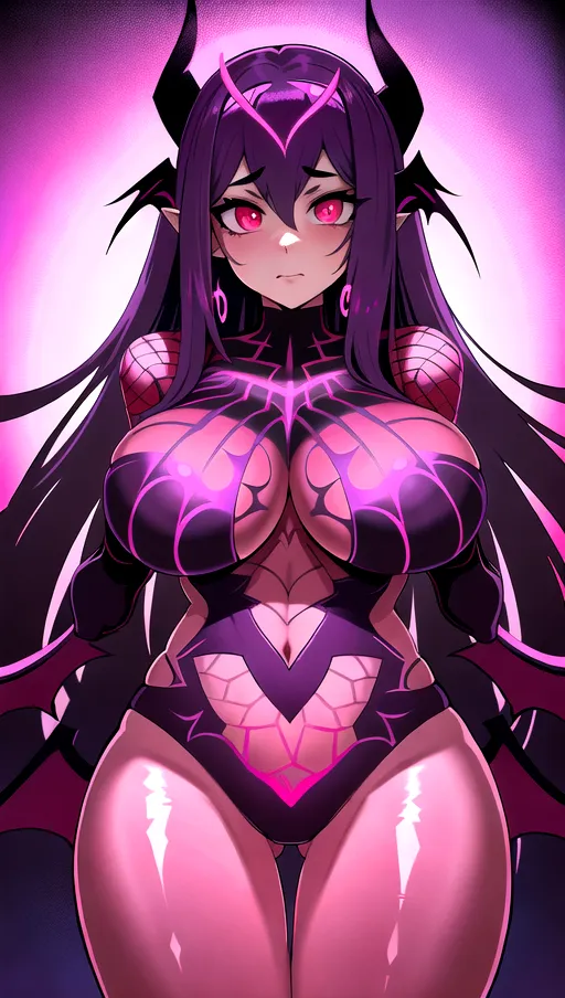 best quality, ultra high res, detailed face and eyes, perfect face, big shining heart choker, earrings, jewelry, very long voluminous hair, (pink glowing hair:1.2), lipstick, purple long sleeves, purple glowing heart, demon mark, straight hair, (big boobs:1.3), red demon horns, very very long hair, perfect face and eyes, straight hair, sexy succubus girl, pink glowing eyes, (red demon wings:1.4), big glowing cameltoe, (purple corrupted symbiote suit:1.5), dark background, (pink glowing demon diadem:1.4), (dark spiked crown:1.2), (thick red succubus tail:1.3), demon tail, (pink glowing heart pasties:1.2), laying on a bed, shiny leather, purple leather skin, purple skin