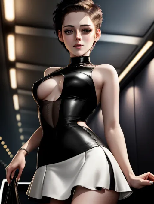 realistic 8k HD photograph, ((((Kristen Stewart))))(((accurate face))),(((getting out of a limousine))),((smirking))(((wearing bodycon minidress)))(((lifting skirt)))(((flashing vagina)))(((upskirt))),((very sexy pose)),(((perky breasts))),(((very slender athletic body))),(((very short pixie cut hair)))((undercut)), five slender fingers, beautiful face, beautiful lips,detailed large eyes,curved eyebrows,cgsociety,cinematic lighting,studio lighting,professional,editorial,<lora:dpmg_upshirt:1>