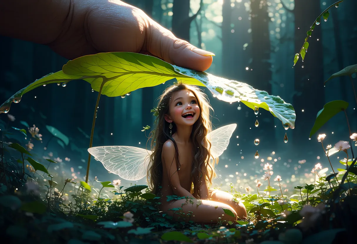 A cinematic, hyper-realistic fantasy portrait of a whimsical nude 20-year-old girl with a wide-eyed, childish expression, embodying the wonder of youth. She is depicted as a tiny forest sprite sitting nestled beneath a massive, dew-covered emerald green leaf that acts as a natural canopy. She has long, flowing hair tinged with mossy highlights and delicate, translucent gossamer wings like those of a dragonfly. The scene is set in a mystical, enchanted woodland filled with soft, ethereal mist and glowing forest flora. Looming above her is the colossal, gentle hand of a giant human its skin textured like , reaching down to catch her. The lighting is moody yet magical, featuring dappled sunlight filtering through a dense canopy, creating a bokeh effect in the background. The color palette is dominated by deep forest greens, earthy browns, and soft silvery greys, captured with a shallow depth of field that emphasizes the girl's expressive face. High-detail textures, 8k resolution, dreamy atmosphere, masterpiece quality.