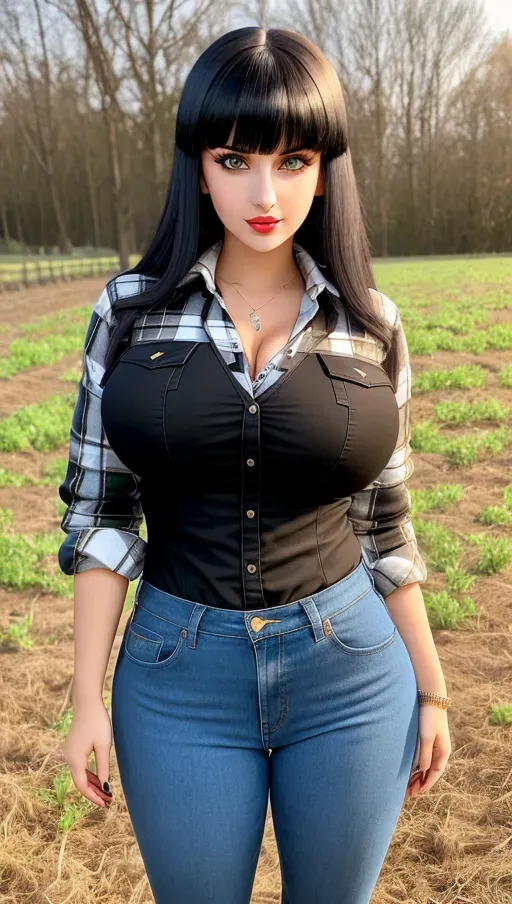 Gorgeous young Albanian woman, photo cute attractive young face, large wide doe eyes, light colored eyes, big plump lips, huge gigantic boobs, (gigantic tits), raven-black hair, bangs, sexy, thin, slim waist, farm outfit, tight flannel shirt, photorealistic, best quality, ultra high resolution
