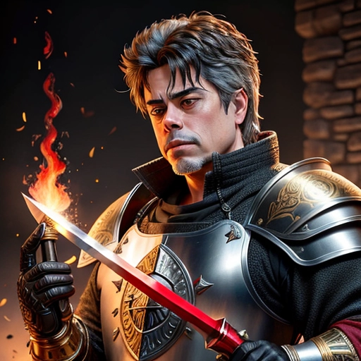 intricate highly detailed benicio del toro with graying hair and a goatee wearing medieval black thunderbird armor with gold accents and wielding a red bladed claymore