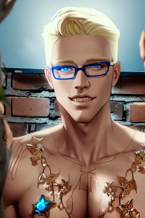 nsfw, blonde hair, glasses, brick wall behind, blue eyes