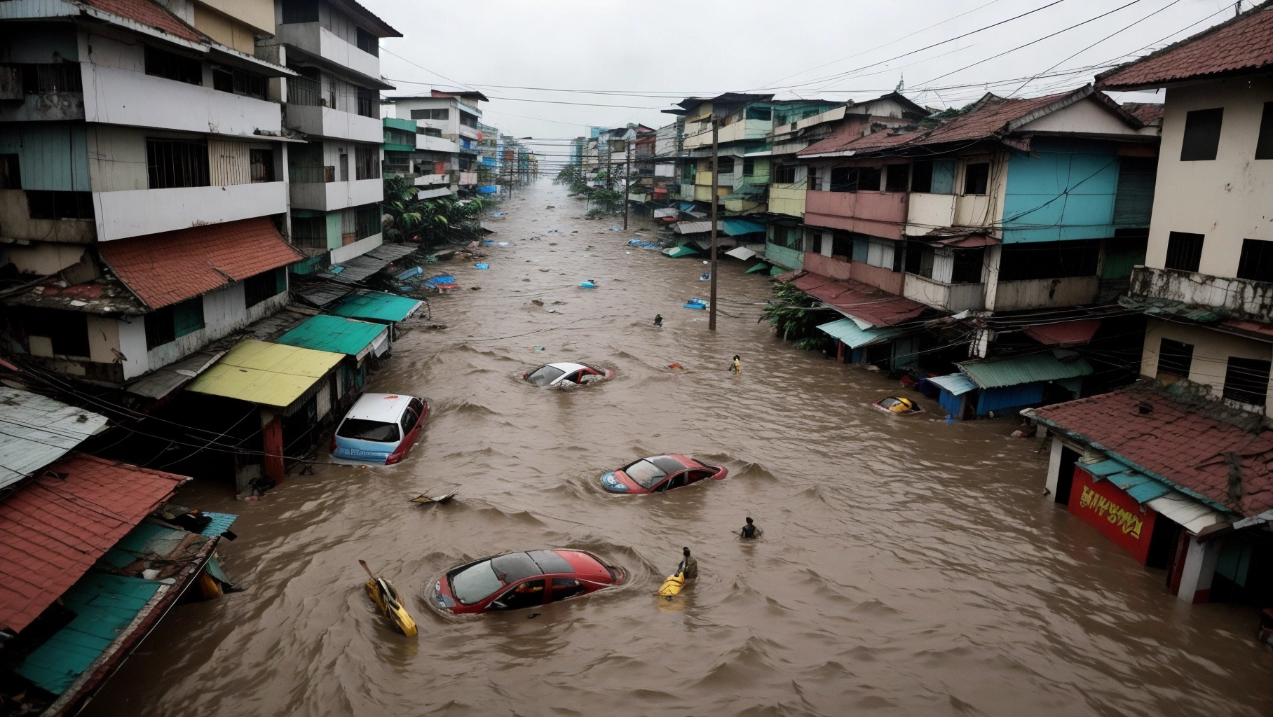 Photo of Jakarta Glodok area being submerged under two meters of flash flood from the sea, chaos and debris everywhere, drowned bodies floating above water, collapsing buildings, very realistic, very detailed, real life photography
