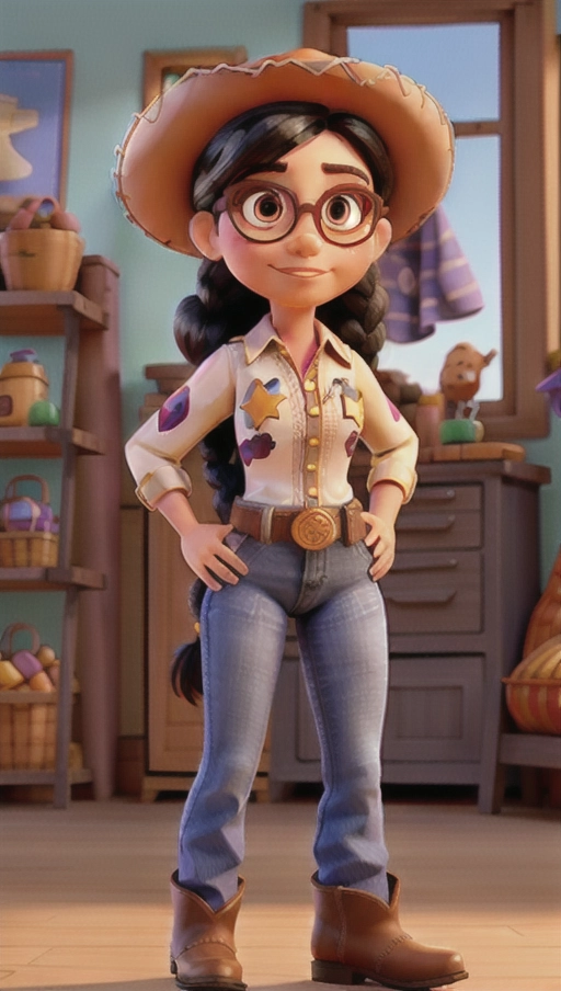 A cowgirl wearing Jessie from Toy Story clothes, black hair, braid, glasses, dark-brown eyes, tall