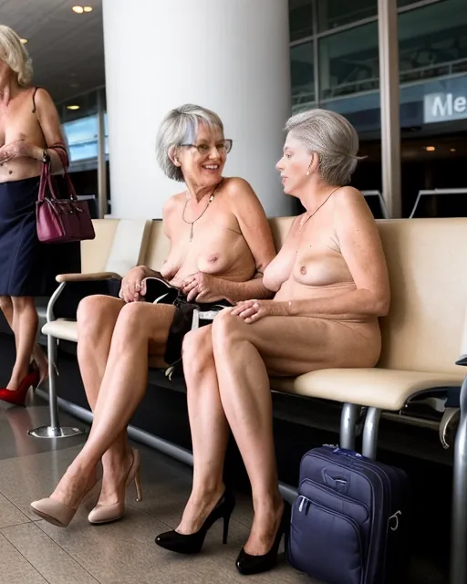 Two naked mature women are standing in a public airport lounge naked together with their legs spread to show off their vaginas to the public and to have sex with each other while they are naked in public together, saggy and natural shaped old lady tits, middle aged female body shapes, well worn and aroused old lady vaginas, wearing high heel shoes and carrying their purses. Two naked mature traveling ladies are having public sex with each other as they wait for their flight while naked in the public airport lounge. photo realistic image