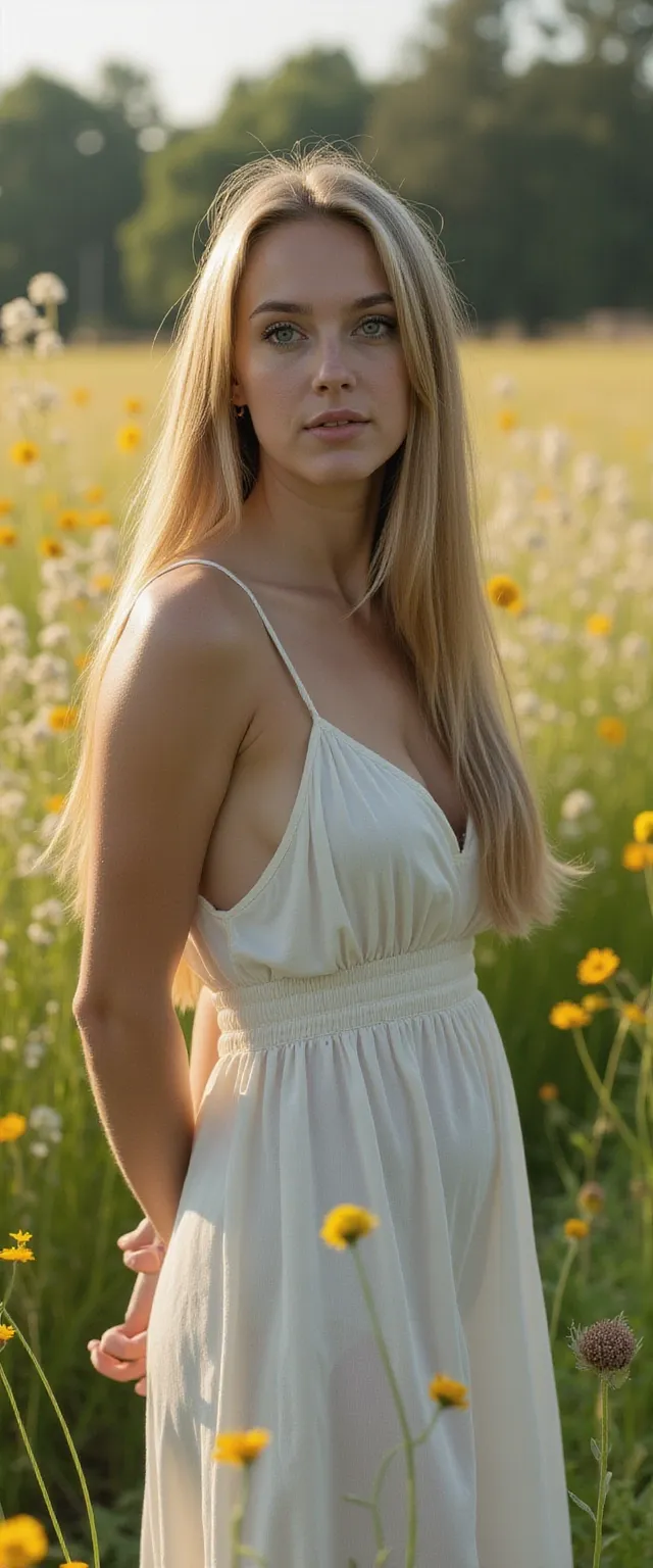 A 8k high resolution photo, 40 years old, Polish, long straight ash-blonde Hair, square chin, Blue-grey eyes, detailed eyes, dilated pupils, hands behind back, round natural breasts, masterpiece, best quality, highly detailed, facing the camera, curvy, Smiling, Playful, wearing an open Tight-fitting cotton sundress, faded tan suede Chelsea boots, standing in a wildflower meadow, sunny day