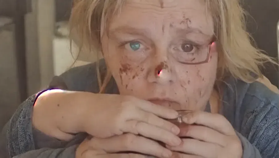 An alcoholic woman who has collapsed and is holding an empty vodka bottle. She is looking at the camera with unfocused eyes and appears very drunk. Her clothes are stained and dirty. She is overweight. Accurate face, accurate hair color, accurate weight. Full body shot, photo realistic. Sharp focus, ultra detailed, high quality, raw, 8k, 1girl