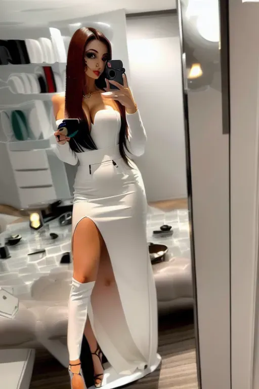 Young hot girl standing in mirror taking selfie and right hand making the chill pose and left hand holding phone
