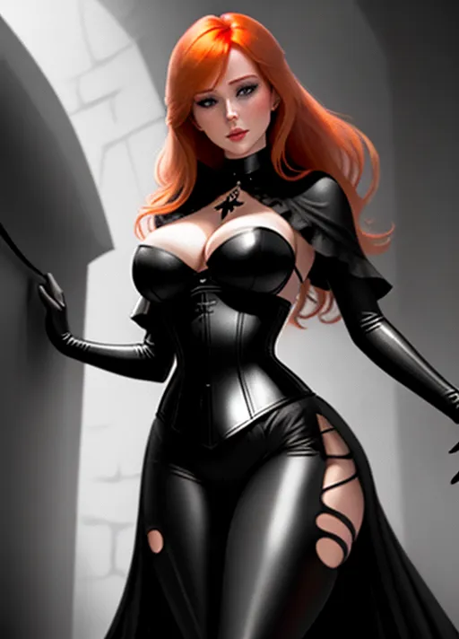 Sweet beautiful determined elegant auburn haired in a low hanging bun large wide sparkling round sapphire eyed Queen Anna of Arendelle based on Elizabeth Lail with a broad smile in black sexy leather and satin attire a front lacing corset with a full length cape its raised large hood obscuring her features in deep shadows as she lashes out with a woven leather whip against the back of a prisoner chained-up in a dark dungeon. hood up.
horror