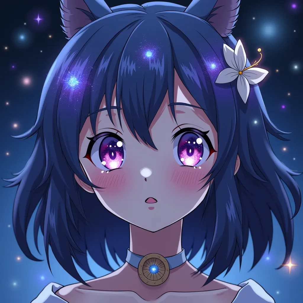 Anime Studio Ghibli, cute cosmic goddess, glowing eyes, universe in eyes, iridescent, hypnotic eyes, ultra-detailed, waist-up, maximalist