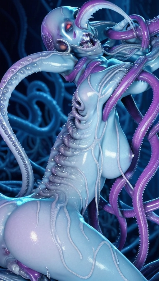 Jenn, her entire body in photo, hard bondage, torture, arms and legs restrained by tentacles, tentacles grope and squeeze her breasts and ass, tentacles fuck her pussy, tentacles give her pleasure over her entire body, (copious amounts of white fluid from tentacles all over her body and spilling from her pussy and ass), in the style of Swiss surrealist artist H.R. Giger, Gigers biomechanical style combines organic and mechanical elements, often featuring twisted, nightmarish creatures and environments that blur the lines between living and non-living things. Face sucker alien on face, alien tongues tease her nipples, (alien tentacles pull on her nipples), multiple orgasms, body shaking orgasms , body convulsing orgasms, in love with tentacles, flaunting her orgasms from the tentacles, kissing , owned by female tentacle monster, blissful submission, sweet surrender,