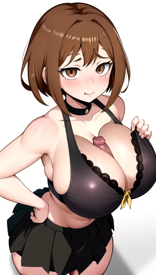 In the art style of my hero academia, 1girl, Ochaco Uraraka, futa, girl with a penis, short, sexy, gigantic saggy breasts, huge breasts, cleavage, short brown hair, brown eyes, classroom, black skirt, black bra