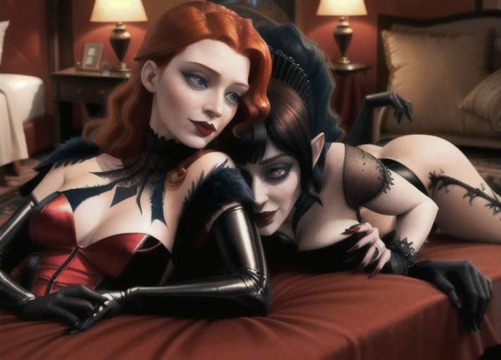 midnight in the luxury penthouse suite at Hotel Transylvania, Beautiful long auburn haired with large deep blue eyes Queen Anna of Arendelle in elegant black gothic style posing hypnotized, in the hungry embrace of her new vampiric very pale short black haired friend Mavis with a fanged blood thirsty smile from Hotel Transylvania convincing Anna to join her as a vampire. photorealistic. photorealistic.