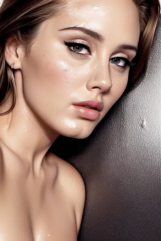 A naked selfie of,adele,grooling white liquid,((detailed facial features)),beautiful lips,curved eyebrows,textured skin,peaceful,smooth,sharp focus,highly detailed