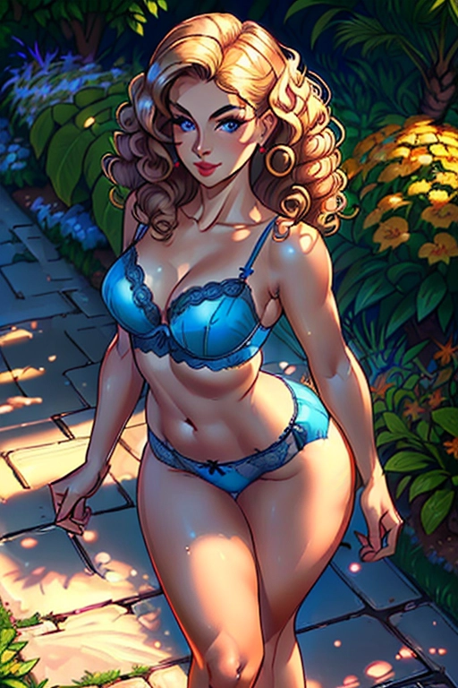 1950s, house mom, milf, beautiful, medium golden curly hair, dark eyebrows, cute blue eyes, concave nose, full lush lips, cute chin, soft and curvy build, small perky breasts, thin waist, thicc ass, full thighs, smooth legs, cute feet, wavy see through gown, 50s bra and panties, walking in midst a garden alone, noontime, ((high definition)), ((4k quality)), ((excellent lighting)), ((great shading)), ((pristine detail)), ((really clear picture)), ((beautiful vibrant colors)), ((accurate at lower prompt guidence)), ((ultra realistic)), (((five fingers per hand))), (((two arms per person))), (((two legs per person))), (((two hands per person))), (((two feet per person))), ((((100 percent according to prompt))))