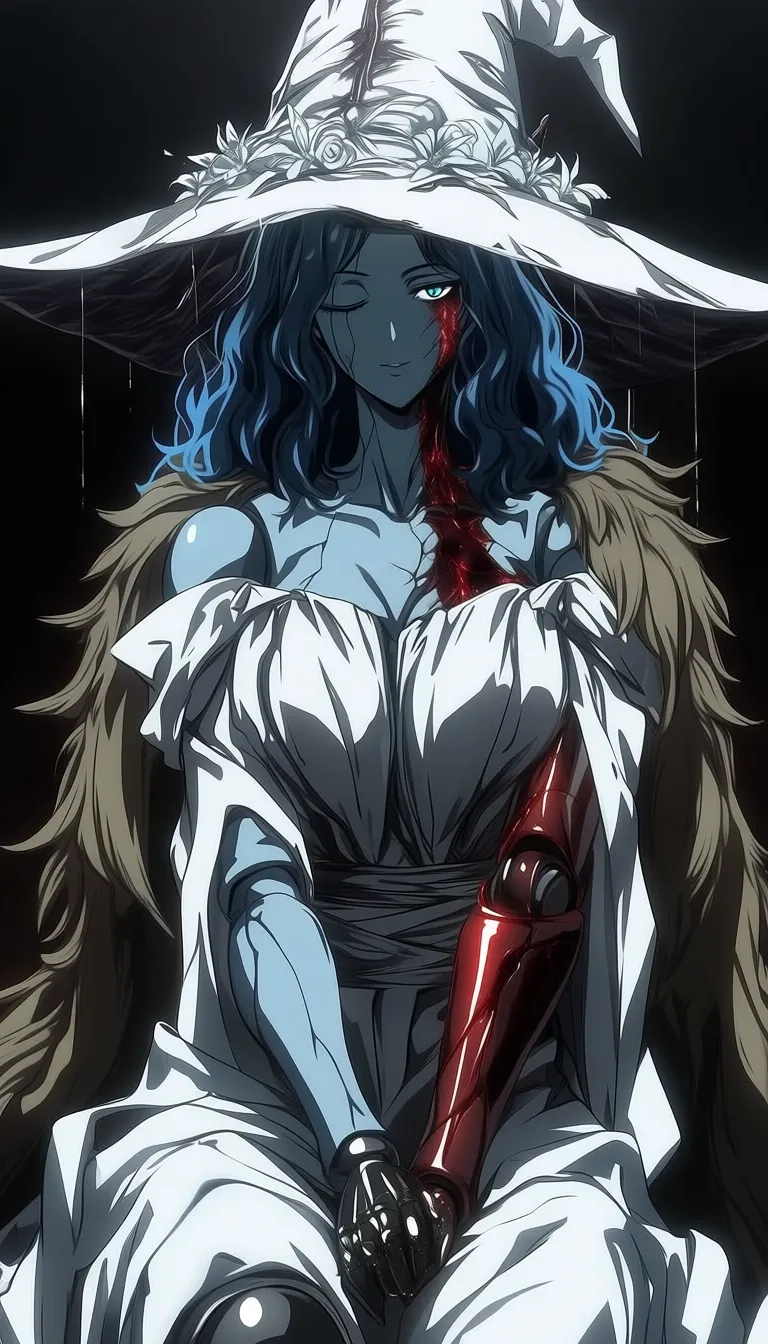 dark_art_style, (ranni_the_witch:0.6), blue eyes, one eye closed, blue hair, wavy hair, blue skin, colored skin, cracked skin, doll joints, witch hat, large hat, white headwear, white dress, long sleeves, fur cloak, brown cloak, masterpiece, highres