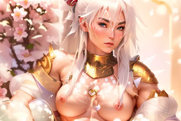 A Nordic partially nude female warrior moderately muscular with small perfectly round breasts with a scars on her left cheek and other parts of her body with white heart shaped pubic hair,
white spiked hair with a ponytail and a bubble butt sitting in a throne surrounded by Sakura) with small nipples long legs sitting in a throne with her legs spread very tall