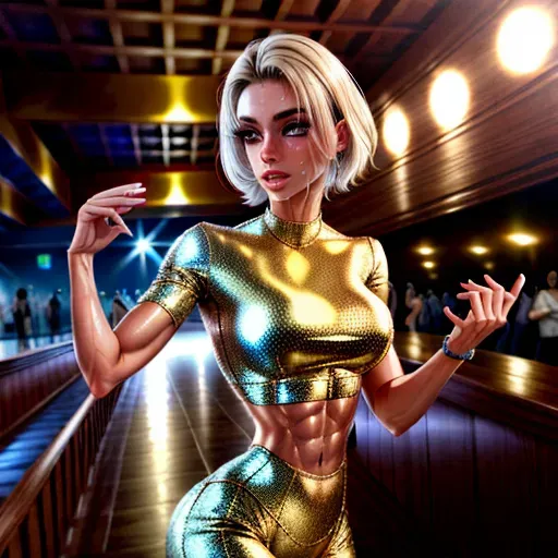 athletic, abs, <lora:dpmg_muscle_girl:0.5>,
(short hair), medium breasts,high cheekbones, pale,
glittering outfit, dressed up, long shirt,
exhausted, sweating, panting,
disco bar, disco, dancefloor,
<lora:dpmg_add_detail:1.0>, (best quality),
beautiful, masterpiece,