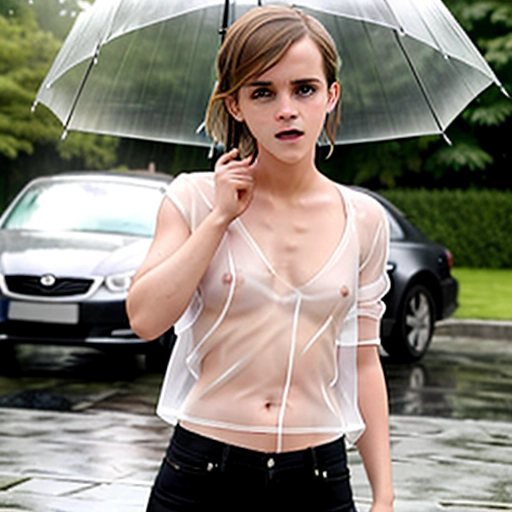 Emma watson, in the rain, wet clothes, transparent shirt, transparent, wet, can see genitalia through clothes, no underwear, no bra, nipples visible, can see breasts through clothes, embarrassed, fully clothed, pixiv, photo realistic, perfect lighting, depth of field, play of light, absurd res, candid, emotive photography