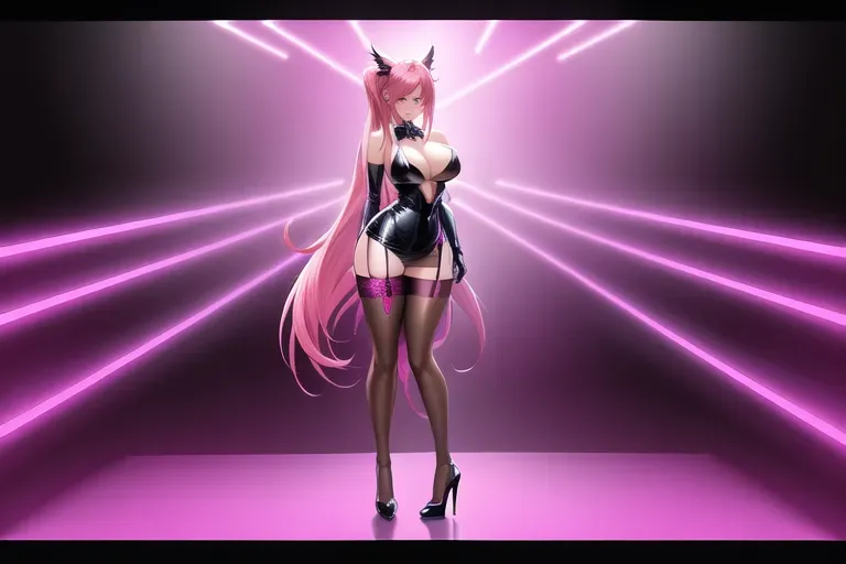 digital art, 20 year old, an anime girl, insanely beautiful, stockings, pink, night club, day time, studio light, happy, 8k, professional