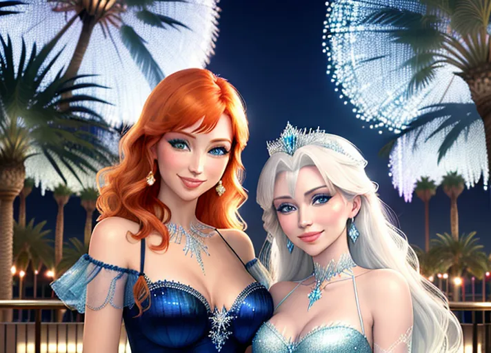 beautiful auburn haired Queen Anna in green and her platinum haired Sister, Elsa in blue, with their beautiful sapphire eyes, visit dazzling Las Vegas Strip at night. Their warm sweet smiles brightening every day.