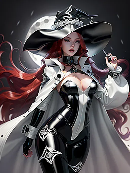 6 foot 7 Woman, pale skin, violet eyes, big tits, (((long flowing red hair down to her butt))), (((A Skin Tight Matte Black Latex Body Suit with White Filigree))), Black Thigh High Boots with White Laces, ((((A Black Trench Coat with a White, Glowing Liner that reaches down to the ankles)))), A Black Witch Hat with a White Leather Belt and Silver Buckle on it with a glowing White liner, forest at night, full moon,