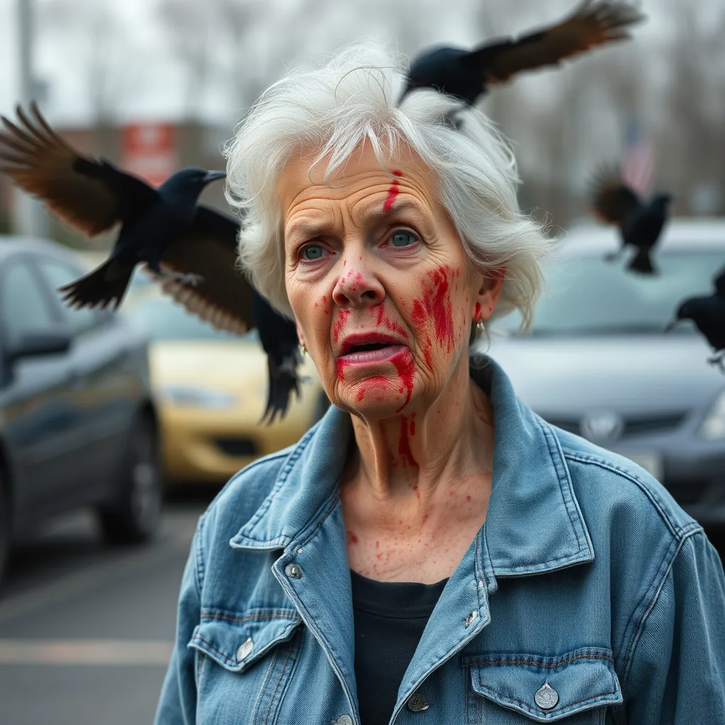 60 year old woman attacked by blackbirds birds in a parking lot, bloody face