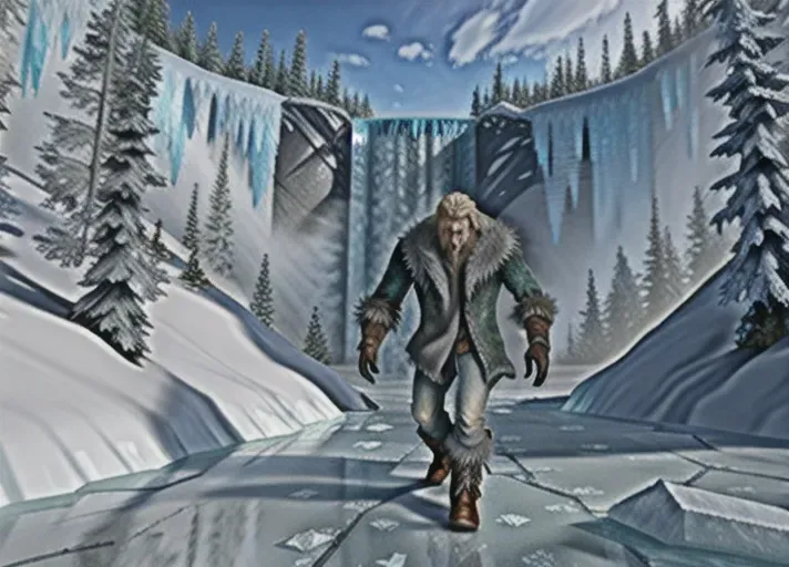 the rugged humble blond hair to the base of his neck ice harvester, Kristoff, having drown in the icy lake after getting caught in an avalanche, is revived by Elsa of Arendelle as a rotting frost and ice encrusted zombie. his skin cold, grey, tattooed by frost, bits missing from frostbite. shambling about the enchanted forest. photorealistic. Medium shot. high resolution.