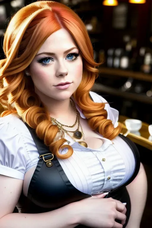 A 8k resolution photo shot of,avril lavigne, dressed as a waitress, in a cafe((detailed hair features)),((detailed facial features)),double chin, ginger hair, large breasts, chubby arms, obese, big belly, fupa,beautiful lips,curved eyebrows,textured skin,peaceful,smooth,sharp focus,highly detailed,((large shot))